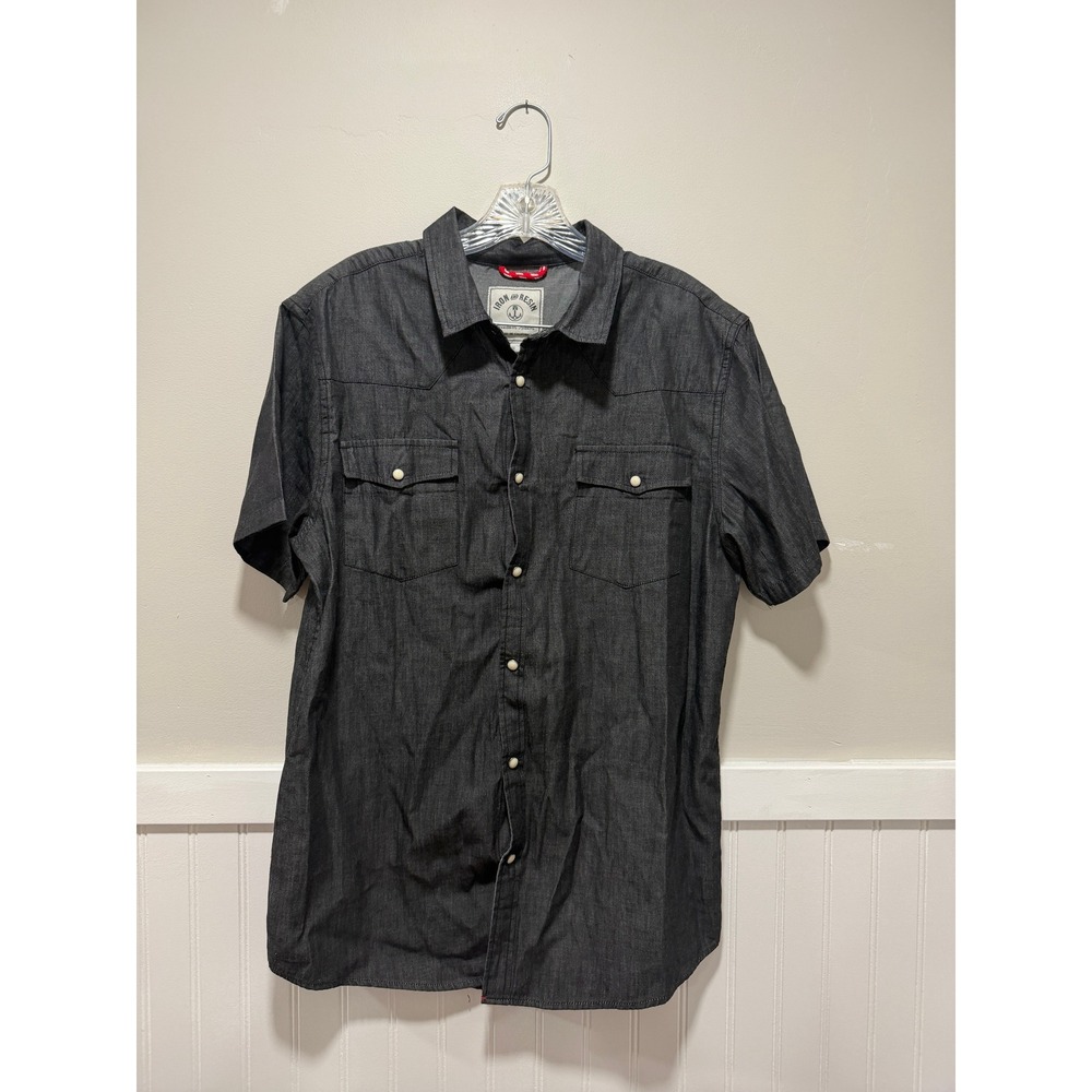 Iron and Resin Pearl Snap Button Down Short Sleeve Shirt Gray Men Size Large